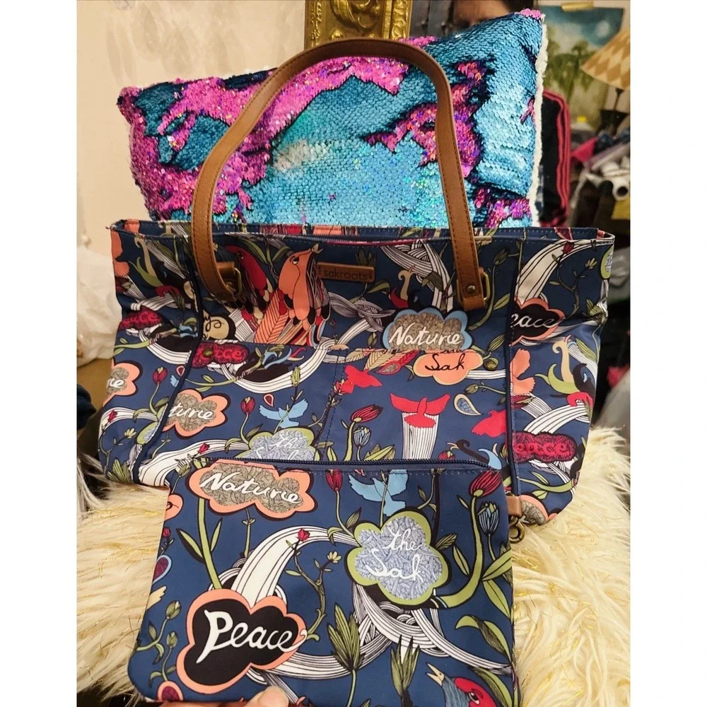 Sakroots Women's Peace Satchel Handbag Blue Multi Floral Birds And Makeup Bag